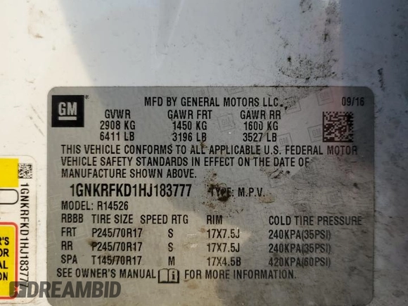2017 Chevrolet Traverse LS with VIN 1GNKRFKD1HJ183777, listed as a Copart auction lot 54166265 with 205,567 mi miles and Salvage Title. Bid and sale history available at carsss.com. Image 13.
