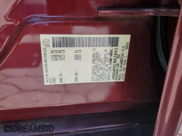 2012 Nissan Maxima SV with VIN 1N4AA5AP3CC862891, listed as a Copart auction lot 50979665 with 173,710 mi miles and Salvage title. Bid and sale history available at DreamBid. Image 12.