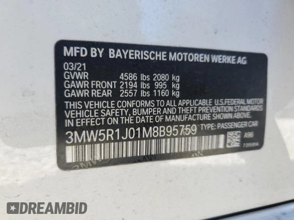 2021 BMW 3 Series 330i with VIN 3MW5R1J01M8B95759, listed as a Copart auction lot 87654485 with 73,864 mi miles and Salvage Title. Bid and sale history available at carsss.com. Image 14.