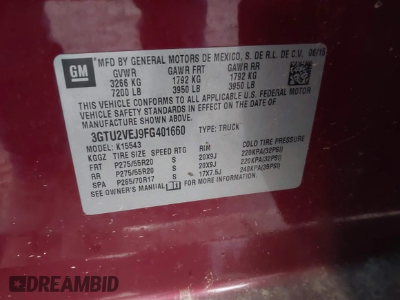 2015 GMC Sierra 1500 SLT with VIN 3GTU2VEJ9FG401660, listed as a IAAI auction lot 40648231 with 155,624 mi miles and . Bid and sale history available at DreamBid. Image 9.