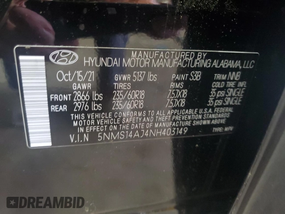 2022 Hyundai Santa Fe SE with VIN 5NMS14AJ4NH403149, listed as a Copart auction lot 58901275 with 24,064 mi miles and Salvage title. Bid and sale history available at DreamBid. Image 13.