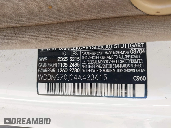 2004 Mercedes-Benz S 430 with VIN WDBNG70J04A423615, listed as a IAAI auction lot 42407100 with Not provided miles and . Bid and sale history available at DreamBid. Image 9.