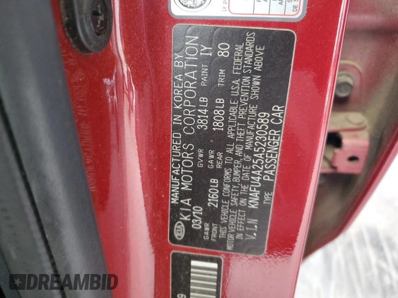 2010 Kia Forte EX z VIN KNAFU4A25A5230589, wystawiony jako Copart lot #55386055 z przebiegiem 201 875 mil mil oraz Szkoda całkowita • Salvage title. Historia ofert i sprzedaży dostępna na DreamBid. Obrazek 12.