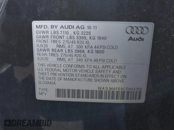 2012 Audi Q7 Premium Plus с VIN WA1LMAFE9CD004159, выставлен на аукционе IAAI как лот 42338347 с пробегом 159 810 миль миль и . История ставок и продаж доступна на DreamBid. Изображение 9.