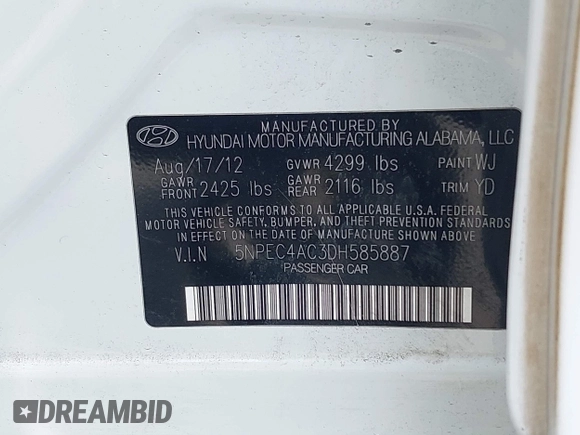 2013 Hyundai Sonata Limited with VIN 5NPEC4AC3DH585887, listed as a IAAI auction lot 42046976 with 126,675 mi miles and . Bid and sale history available at carsss.com. Image 9.