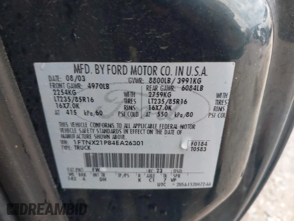 2004 Ford F-250 XL с VIN 1FTNX21P84EA26301, выставлен на аукционе IAAI как лот 42647558 с пробегом 340 277 миль миль и . История ставок и продаж доступна на DreamBid. Изображение 9.