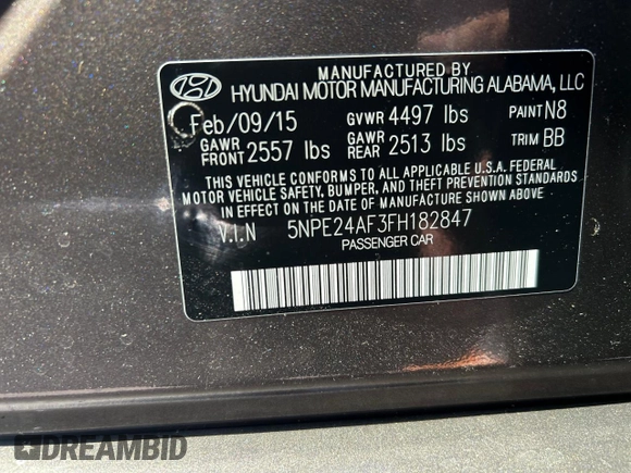 2015 Hyundai Sonata SE z VIN 5NPE24AF3FH182847, wystawiony jako Copart lot #58872415 z przebiegiem 134 917 mil mil oraz Czysty tytuł • Clean title. Historia ofert i sprzedaży dostępna na DreamBid. Obrazek 10.