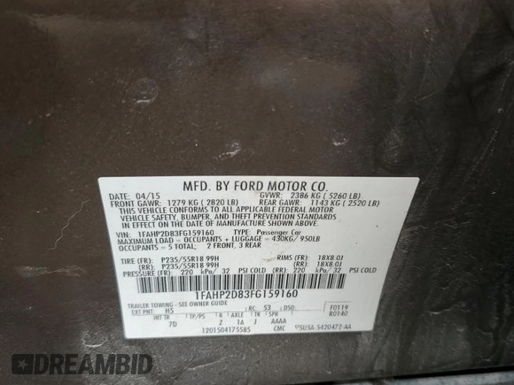 2015 Ford Taurus SE с VIN 1FAHP2D83FG159160, выставлен на аукционе Copart как лот 50523745 с пробегом Не указан миль и Списание • Salvage title. История ставок и продаж доступна на DreamBid. Изображение 14.