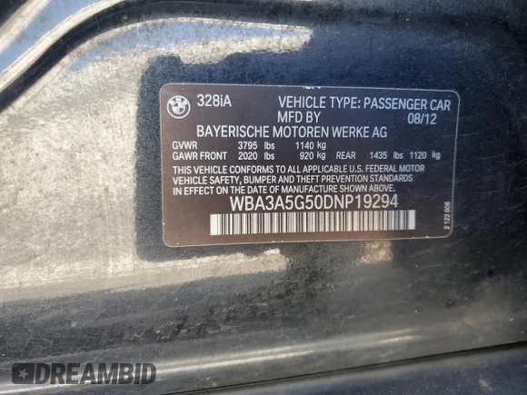 2013 BMW 3 Series 328i with VIN WBA3A5G50DNP19294, listed as a Copart auction lot 43992355 with 145,082 mi miles and Salvage Title. Bid and sale history available at carsss.com. Image 13.