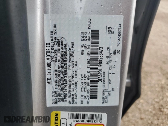 2013 Ford Fusion SE Hybrid с VIN 3FA6P0LU9DR233472, выставлен на аукционе Copart как лот 57994345 с пробегом 194 862 миль миль и Списание • Salvage title. История ставок и продаж доступна на DreamBid. Изображение 13.