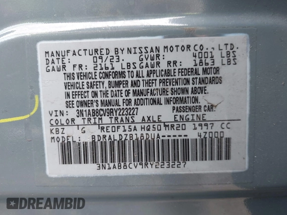 2024 Nissan Sentra SV with VIN 3N1AB8CV9RY223227, listed as a IAAI auction lot 41520323 with 23,197 mi miles and . Bid and sale history available at DreamBid. Image 9.