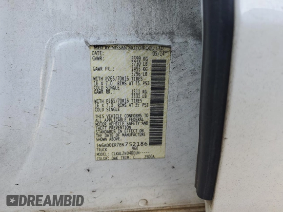 2014 Nissan Frontier S with VIN 1N6AD0ER7EN752186, listed as a Copart auction lot 87308234 with 287,851 mi miles and Salvage title. Bid and sale history available at DreamBid. Image 14.