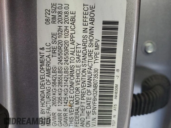 2022 Honda Pilot Sport with VIN 5FNYF6H32NB073530, listed as a Copart auction lot 60839455 with 23,001 mi miles and Salvage title. Bid and sale history available at DreamBid. Image 13.
