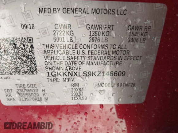 2019 GMC Acadia Denali with VIN 1GKKNXLS9KZ146609, listed as a IAAI auction lot 42393425 with 77,330 mi miles and . Bid and sale history available at DreamBid. Image 9.
