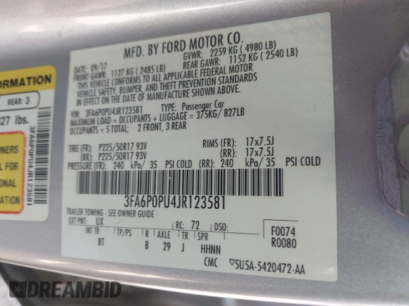 2018 Ford Fusion Energi SE with VIN 3FA6P0PU4JR123581, listed as a IAAI auction lot 41134246 with 226,813 mi miles. Bid and sale history available at carsss.com. Image 9.