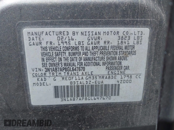 2016 Nissan Sentra S with VIN 3N1AB7AP8GL647670, listed as a IAAI auction lot 42141355 with 257,526 mi miles. Bid and sale history available at carsss.com. Image 9.