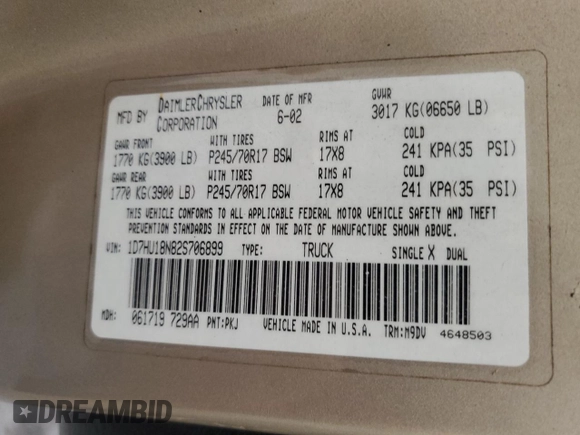 2002 Dodge 1500 with VIN 1D7HU18N82S706899, listed as a Copart auction lot 57672685 with 148,657 mi miles and Salvage title. Bid and sale history available at DreamBid. Image 13.