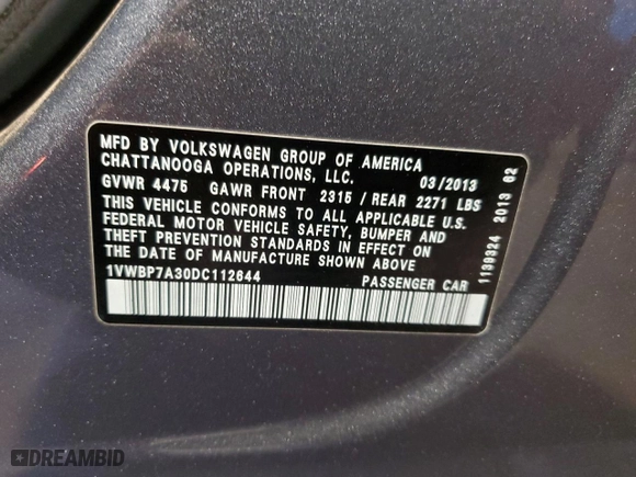 2013 Volkswagen Passat SE with VIN 1VWBP7A30DC112644, listed as a Copart auction lot 48055235 with 68,975 mi miles and Salvage Title. Bid and sale history available at carsss.com. Image 12.