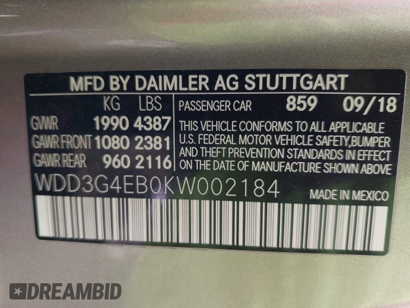 2019 Mercedes-Benz A 220 with VIN WDD3G4EB0KW002184, listed as a IAAI auction lot 41593773 with 38,476 mi miles and . Bid and sale history available at DreamBid. Image 9.