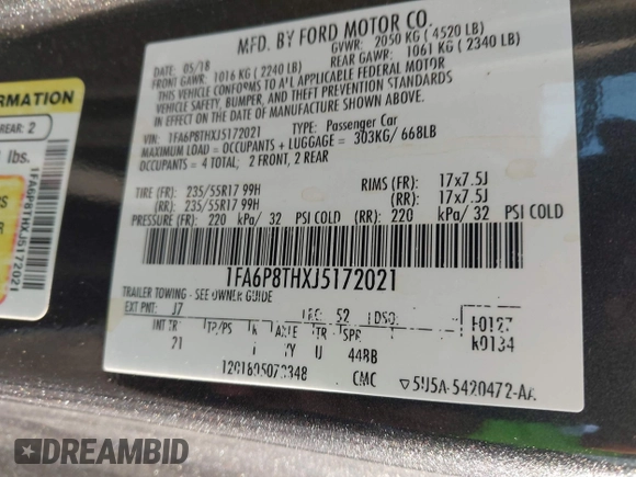 2018 Ford Mustang EcoBoost with VIN 1FA6P8THXJ5172021, listed as a IAAI auction lot 42170389 with 71,772 mi miles and . Bid and sale history available at DreamBid. Image 9.