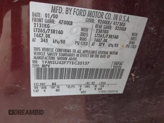 2000 Ford Excursion Limited с VIN 1FMSU43F7YEC35137, выставлен на аукционе IAAI как лот 42246545 с пробегом 389 509 миль миль и . История ставок и продаж доступна на DreamBid. Изображение 9.
