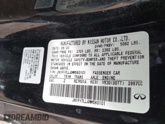 2021 Infiniti Q60 Red Sport 400 with VIN JN1FV7LL4MM560101, listed as a IAAI auction lot 41459579 with 29,340 mi miles and . Bid and sale history available at DreamBid. Image 9.