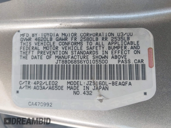 2000 Lexus GS 300 with VIN JT8BD68S6Y0105500, listed as a IAAI auction lot 42179409 with 215,593 mi miles and . Bid and sale history available at DreamBid. Image 9.