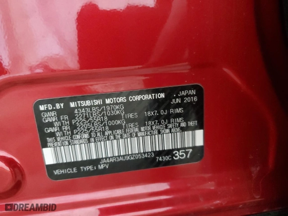 2016 Mitsubishi Outlander Sport 2.0 ES with VIN JA4AR3AU9GZ053423, listed as a Copart auction lot 49221055 with 71,857 mi miles and Salvage Title. Bid and sale history available at carsss.com. Image 14.