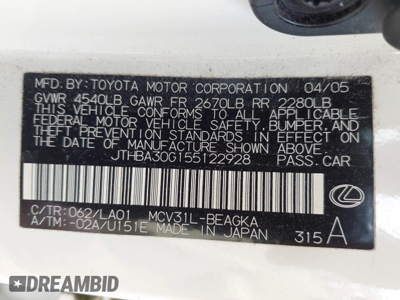 2005 Lexus ES 350 z VIN JTHBA30G155122928, wystawiony jako IAAI lot #42311420 z przebiegiem 74 281 mil mil oraz . Historia ofert i sprzedaży dostępna na DreamBid. Obrazek 9.