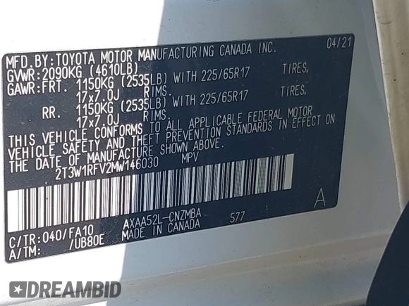 2021 Toyota RAV4 XLE with VIN 2T3W1RFV2MW146030, listed as a IAAI auction lot 42366687 with 88,889 mi miles and . Bid and sale history available at DreamBid. Image 9.