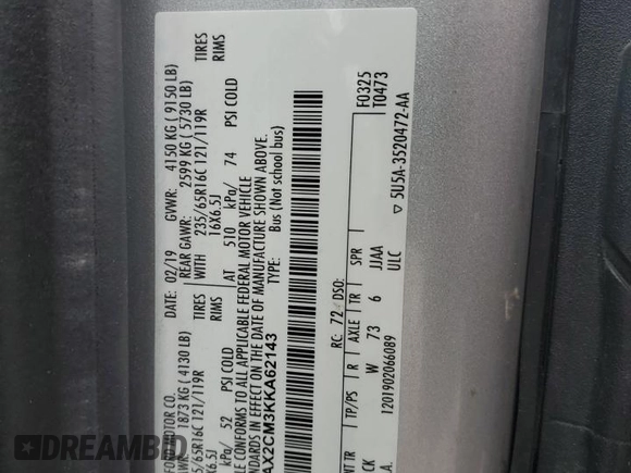 2019 Ford Transit Passenger XL with VIN 1FBAX2CM3KKA62143, listed as a Copart auction lot 60708845 with 112,166 mi miles and Salvage title. Bid and sale history available at DreamBid. Image 13.