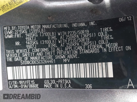 2012 Toyota Sienna SE with VIN 5TDXK3DC5CS264461, listed as a IAAI auction lot 41526874 with 1 mi miles. Bid and sale history available at carsss.com. Image 9.