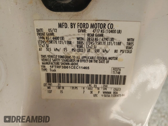 2012 Ford F-350 XL with VIN 1FTRF3B61CEC11465, listed as a Copart auction lot 47188555 with 182,941 mi miles and Salvage title. Bid and sale history available at DreamBid. Image 13.