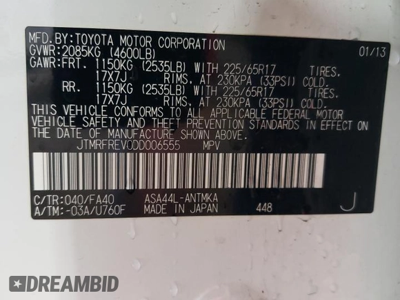 2013 Toyota RAV4 XLE z VIN JTMRFREV0DD006555, wystawiony jako Copart lot #60250705 z przebiegiem 200 084 mil mil oraz Szkoda całkowita • Salvage title. Historia ofert i sprzedaży dostępna na DreamBid. Obrazek 13.