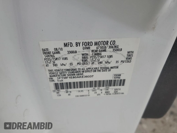 2010 Ford F-150 XL with VIN 1FTMF1E80AKE39337, listed as a Copart auction lot 48307535 with 188,780 mi miles and Clean Title. Bid and sale history available at DreamBid. Image 12.