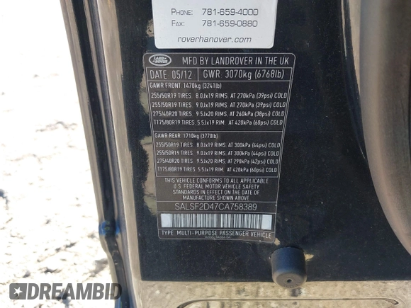 2012 Land Rover Range Rover Sport HSE with VIN SALSF2D47CA758389, listed as a IAAI auction lot 42645067 with 131,106 mi miles and . Bid and sale history available at DreamBid. Image 9.