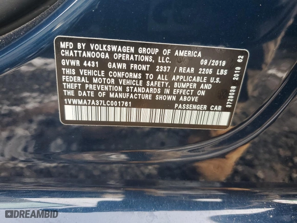 2020 Volkswagen Passat 2.0T R-Line with VIN 1VWMA7A37LC001761, listed as a Copart auction lot 43545755 with 23,513 mi miles and Salvage Title. Bid and sale history available at carsss.com. Image 12.