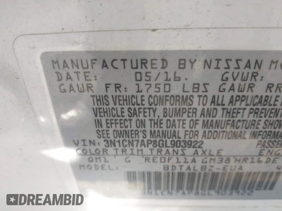 2016 Nissan Versa SV z VIN 3N1CN7AP8GL903922, wystawiony jako IAAI lot #41765631 z przebiegiem 144 113 mil mil oraz . Historia ofert i sprzedaży dostępna na DreamBid. Obrazek 9.