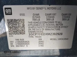 2021 Chevrolet Silverado 1500 LT Trail Boss with VIN 1GCPYFEDXMZ392928, listed as a IAAI auction lot 41340856 with 52,361 mi miles and . Bid and sale history available at DreamBid. Image 9.