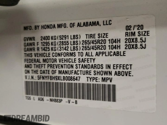 2020 Honda Passport Touring z VIN 5FNYF8H9XLB008647, wystawiony jako Copart lot #73320804 z przebiegiem 70 068 mil mil oraz Szkoda całkowita • Salvage title. Historia ofert i sprzedaży dostępna na DreamBid. Obrazek 15.