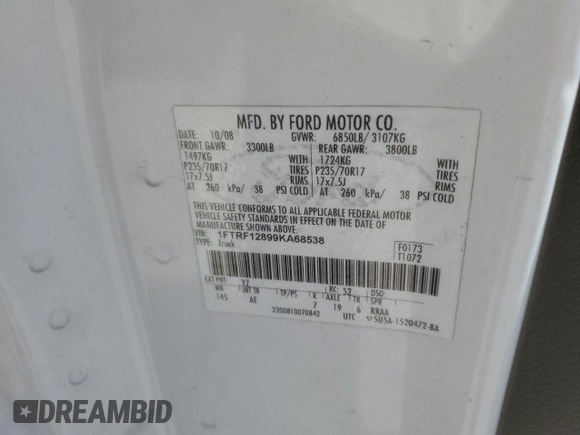 2009 Ford F-150 XL with VIN 1FTRF12899KA68538, listed as a Copart auction lot 49669045 with 180,740 mi miles and Clean Title. Bid and sale history available at carsss.com. Image 12.