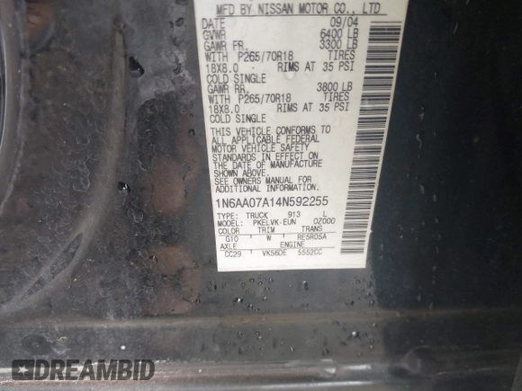 2004 Nissan Titan LE z VIN 1N6AA07A14N592255, wystawiony jako IAAI lot #42264477 z przebiegiem 191 259 mil mil oraz . Historia ofert i sprzedaży dostępna na DreamBid. Obrazek 9.