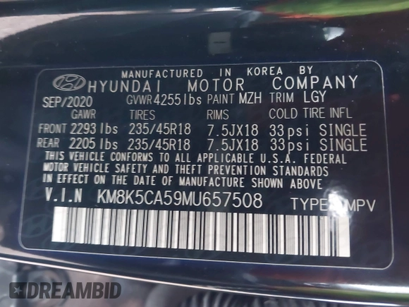 2021 Hyundai Kona Ultimate with VIN KM8K5CA59MU657508, listed as a IAAI auction lot 41144378 with 15,828 mi miles. Bid and sale history available at carsss.com. Image 9.
