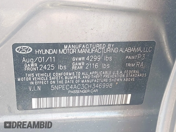 2012 Hyundai Sonata Limited z VIN 5NPEC4AC3CH346998, wystawiony jako IAAI lot #42043048 z przebiegiem 198 027 mil mil oraz . Historia ofert i sprzedaży dostępna na DreamBid. Obrazek 9.