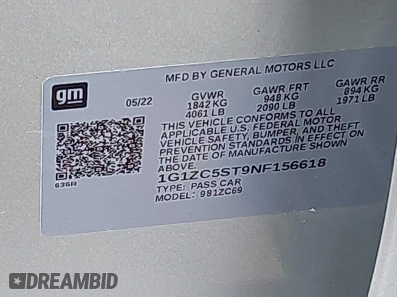2022 Chevrolet Malibu LS with VIN 1G1ZC5ST9NF156618, listed as a IAAI auction lot 41506343 with 37,503 mi miles and . Bid and sale history available at DreamBid. Image 9.