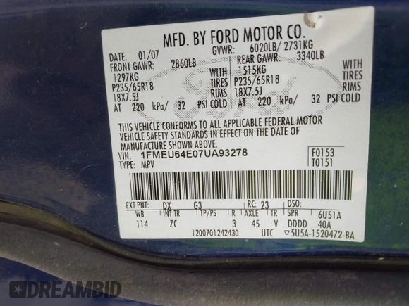 2007 Ford Explorer Eddie Bauer z VIN 1FMEU64E07UA93278, wystawiony jako IAAI lot #42519251 z przebiegiem 251 869 mil mil oraz . Historia ofert i sprzedaży dostępna na DreamBid. Obrazek 9.