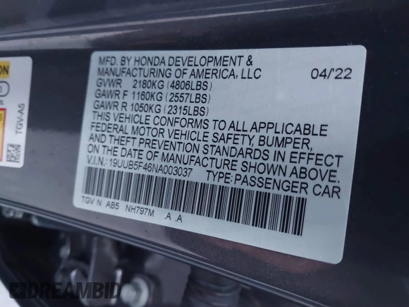 2022 Acura TLX Technology with VIN 19UUB5F46NA003037, listed as a IAAI auction lot 41734924 with 25,096 mi miles and . Bid and sale history available at DreamBid. Image 9.