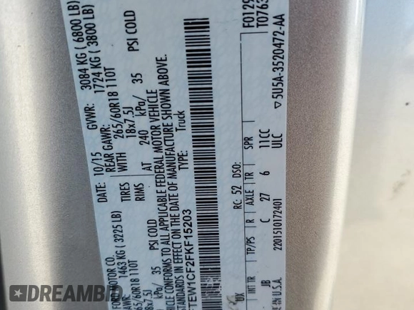 2015 Ford F-150 XL with VIN 1FTEW1CF2FKF15203, listed as a Copart auction lot 46581995 with 159,976 mi miles and Salvage Title. Bid and sale history available at carsss.com. Image 15.