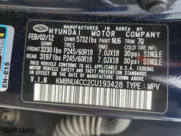 2012 Hyundai Veracruz Limited with VIN KM8NU4CC2CU193428, listed as a Copart auction lot 42540255 with 96,456 mi miles and Salvage Title. Bid and sale history available at carsss.com. Image 13.