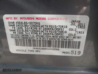 2012 Mitsubishi Outlander ES with VIN JA4AS2AWXCU002066, listed as a IAAI auction lot 42084033 with 160,597 mi miles. Bid and sale history available at carsss.com. Image 9.